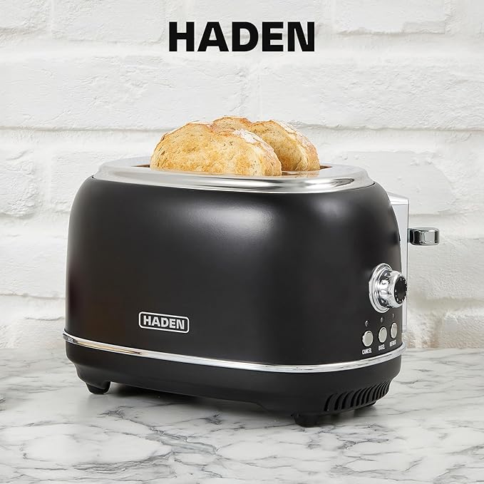 Haden Heritage 2 Slice Wide Slot Stainless Steel Toaster with Adjustable Browning Control & Non-Slip Feet, Black & Chrome