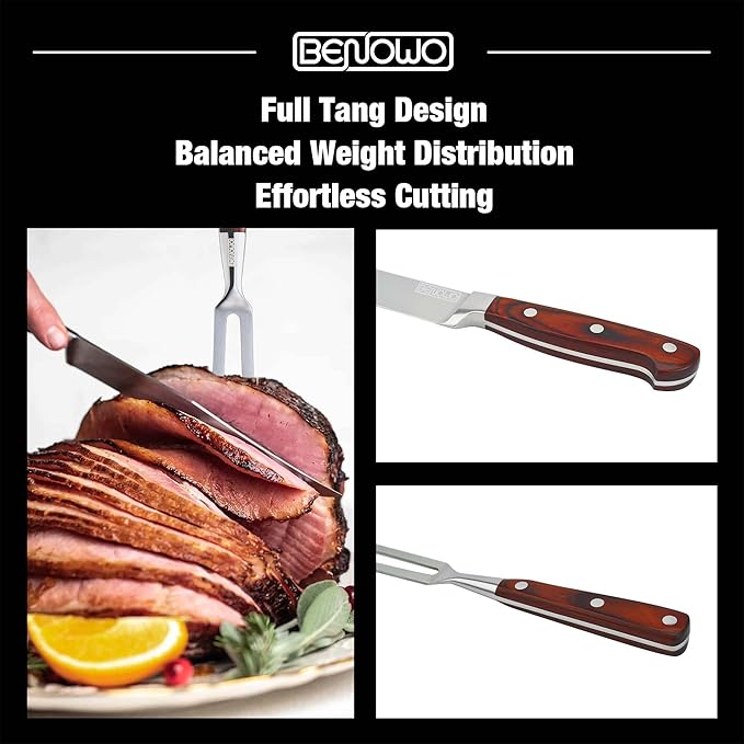 Benowo Carving Knife Set 2-Piece, 8-inch Turkey Carving Knife and Fork Set Stainless Steel Kitchen Knife for Steak, Hibachi Knife and Fork, BBQ Carving Fork with Gift Box ??Designed in USA