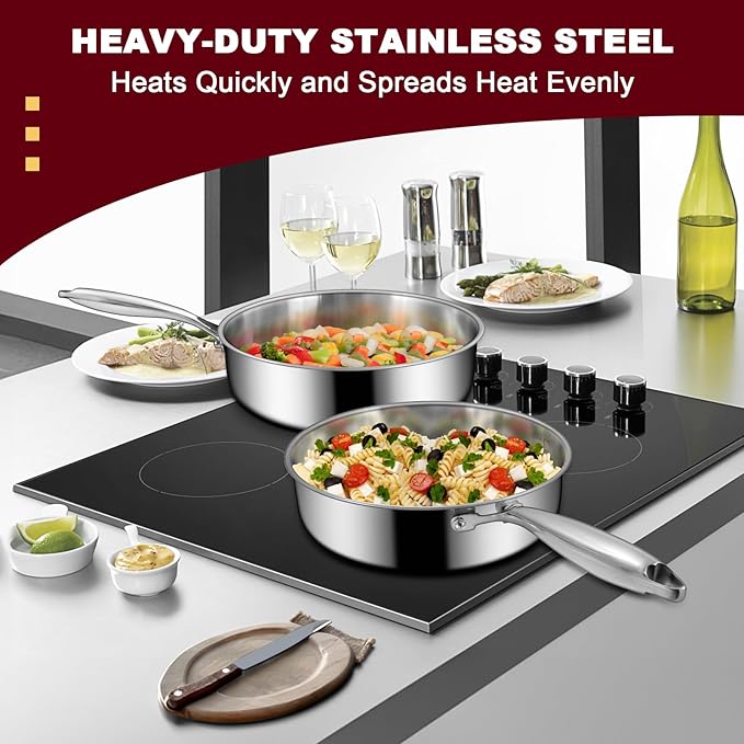EWFEN 12 Inch Tri-Ply Stainless Steel Frying Pan, 5 Quart Deep Saute Pan, Compatible with All Cooktops Up to 600?? Induction Skillet, Dishwasher and Oven Safe, Fast & Even Heat