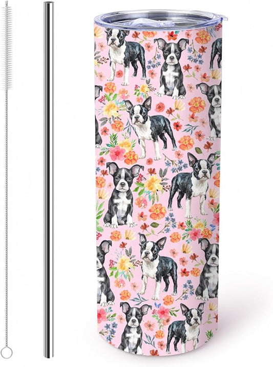 Yogusut Boston Terrier Gifts for Women, 20oz Stainless Steel Insulated Tumbler Travel Mug Cup with Lid Straw Brush, Gifts for Dog Mom Dog Lover