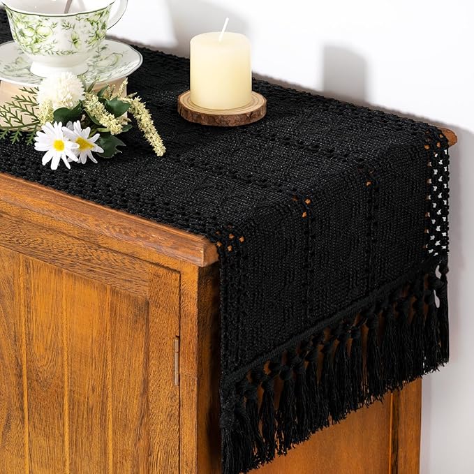 Socomi Boho Table Runner Valentine's Day Farmhouse Rustic Dining Kitchen Centerpiece Decor Small Macrame Woven Cotton Linen Coffee Table Runner for Dresser Scarf Home Decor 12x60 inch Black