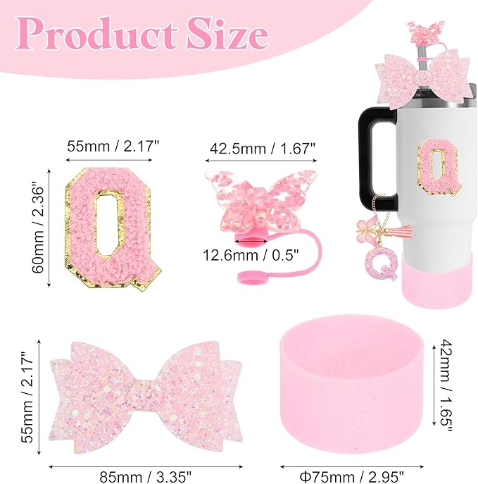 uxcell 8Pcs Cup Accessories Set for Cup Tumbler with Handle, Including Silicone Straw Cover, Boot, Spill Proof Stopper, Handle Charm, Initials Sticker(Letter Q, Pink)