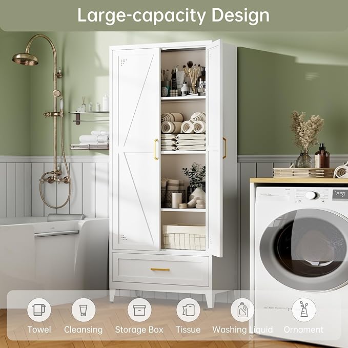 71" White Kitchen Pantry Cabinet,4-Tier Tall Metal Storage Cabinet with Drawer,Freestanding Display Steel Cupboard for Dining Room,Living Room,Hallway,Bathroom