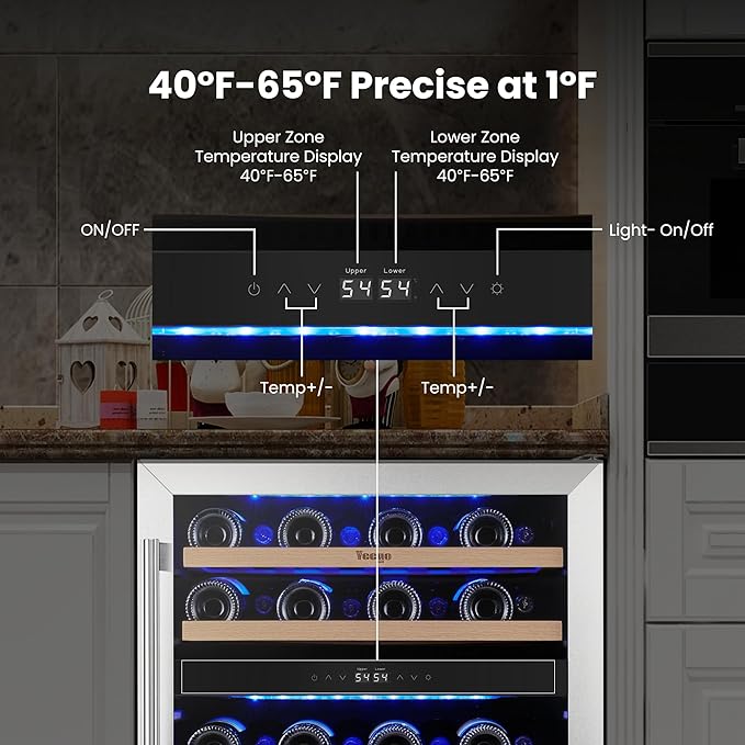 Yeego Wine Fridge Cooler - 24 Inch Dual Zone Wine Fridge Hold 52 Bottles, 40-65°F Wine Refrigerator Glass Door, Built in, Freestanding Under Counter Fridge for Beer Soda Drink Home Bar Office