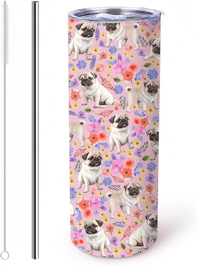 Yogusut Pug Gifts for Women, 20oz Stainless Steel Insulated Tumbler Travel Mug Cup with Lid Straw Brush, Gifts for Dog Mom Dog Lover