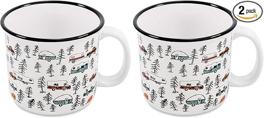 Camco Life is Better at the Campsite Ceramic Mug | Microwave and Dishwasher Safe | White Background with Sketched RVs Design | 14oz. (53383) (Pack of 2)