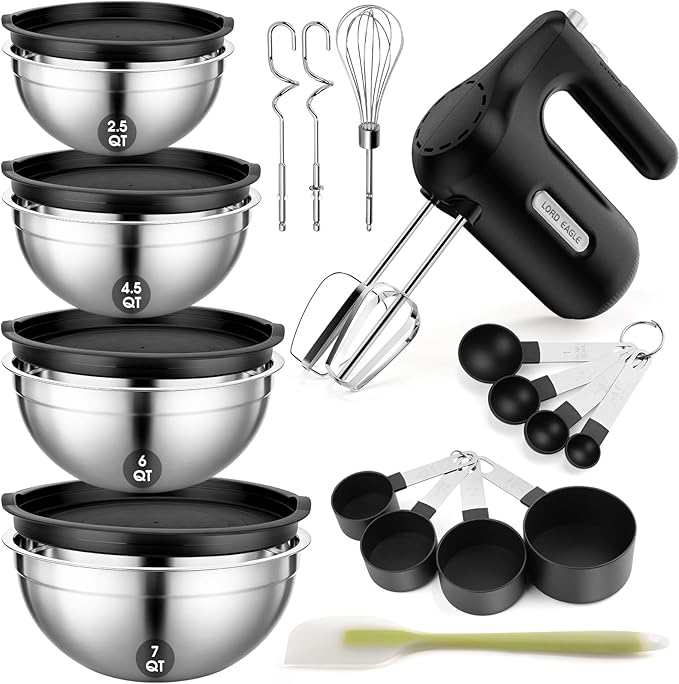 Lord Eagle 5-Speed Hand Mixer Electric Heldhand With Bowls Set, 300W Compact Mixer for Baking, Stainless Steel Mxing Bowl Measuring Cups Spoons, Black
