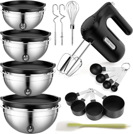 Lord Eagle 5-Speed Hand Mixer Electric Heldhand With Bowls Set, 300W Compact Mixer for Baking, Stainless Steel Mxing Bowl Measuring Cups Spoons, Black