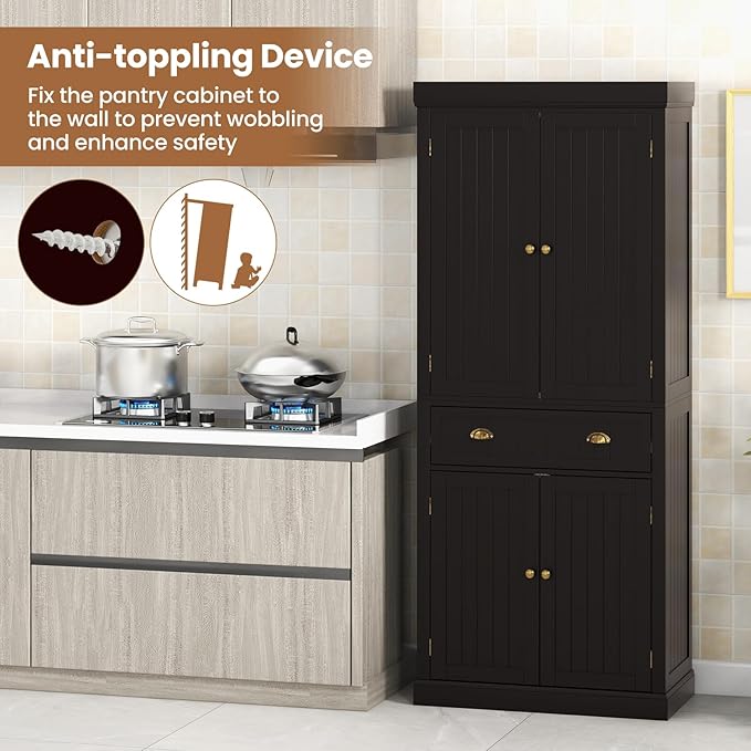 DORTALA 72??Tall Kitchen Pantry Cabinet, Wood Storage Cupboard w/ 4 Adjustable Shelves, 2 Cabinets & Drawer, Utility Freestanding Storage Cabinet for Kitchen, Hallway, Living Room, Brown