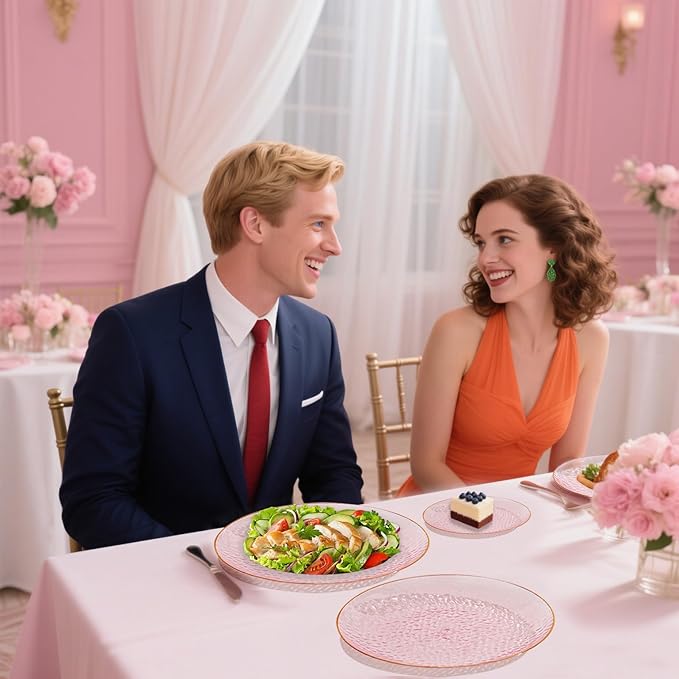 SUT 36Pcs Pink Plastic Plates, Hammered Plates Disposable Heavy Duty, Pink Disposable Plates With Gold Rim, Fancy Plastic plates Include 18 Dinner and 18 Dessert plates for Wedding