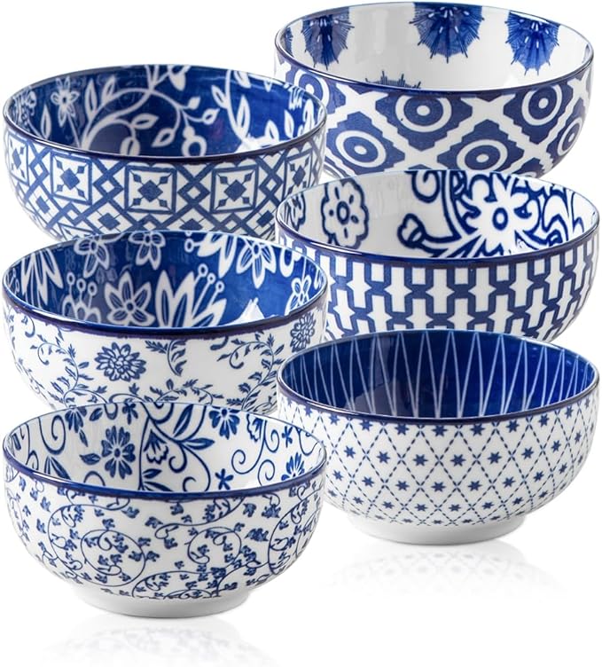 Cerkik Ceramic Dipping Bowls Set - Mini 4 Oz Dessert Bowls - Small 3.5 Inch Porcelain Bowls for Side Dishes, Snack, Yogurt, Appetizer - Microwave Dishwasher Safe - Set of 6 - Vintage Blue