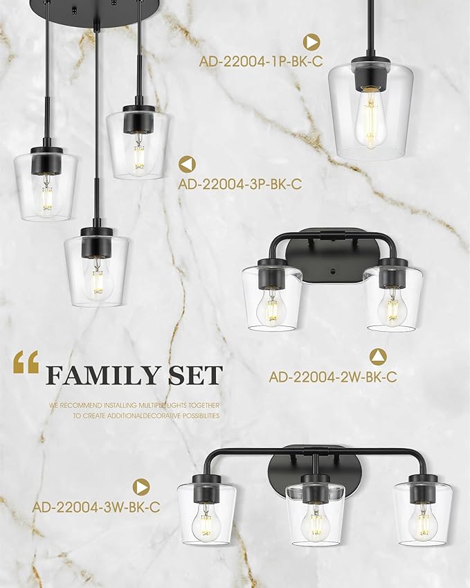 Pendant Lights Kitchen Island 2 Pack, 6" Matte Black Hanging Lights Fixtures with Clear Glass Shade, Modern Kitchen Pendant Lighting Over Island for Dining Room, AD-22004-1P2-BK-C