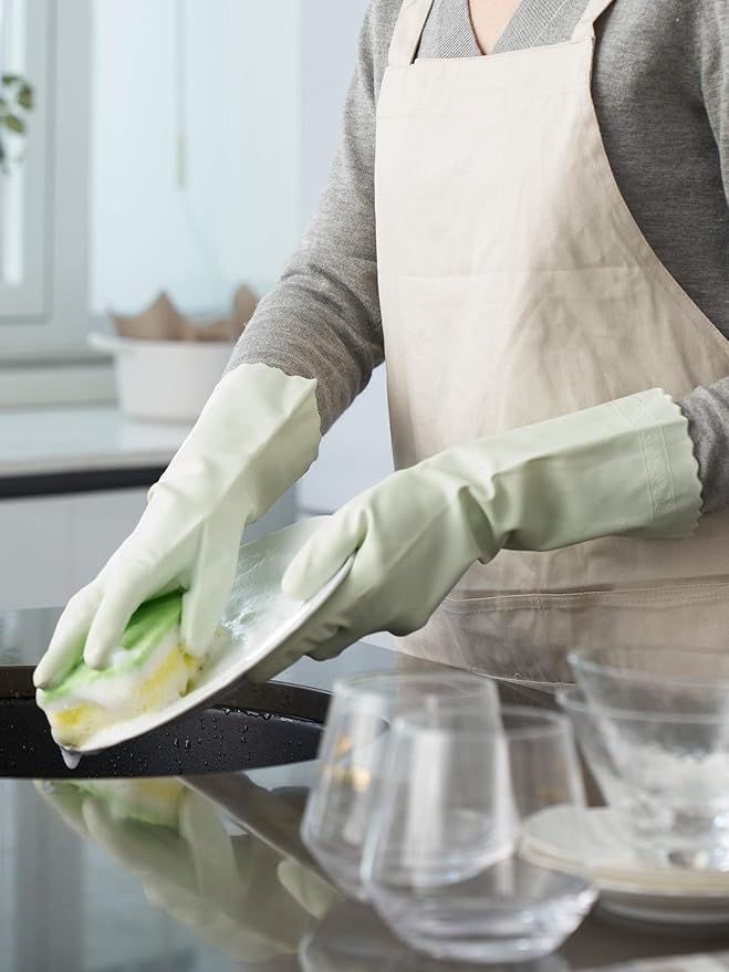 LANON wahoo Skin-Friendly Cleaning Gloves, Dishwashing Kitchen Gloves with Cotton Flocked Liner, Reusable, Non-Slip, Canary Green, Large