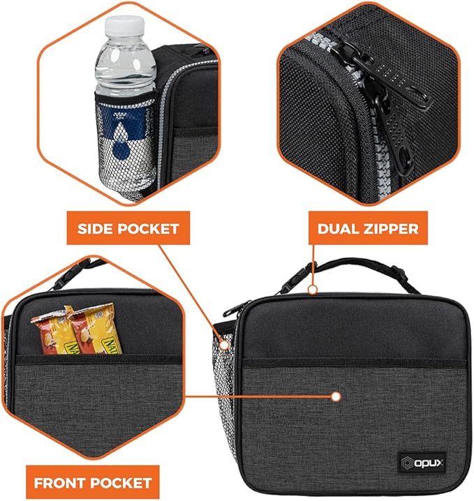 opux Insulated Lunch Bag Kids, Lunch Box for School Boy Girl, Leakproof Small Reusable Compact Soft Mini Cooler Bag, Toddler Small Lunch Boxes Kit Pail with Front Side Pockets (Charcoal)