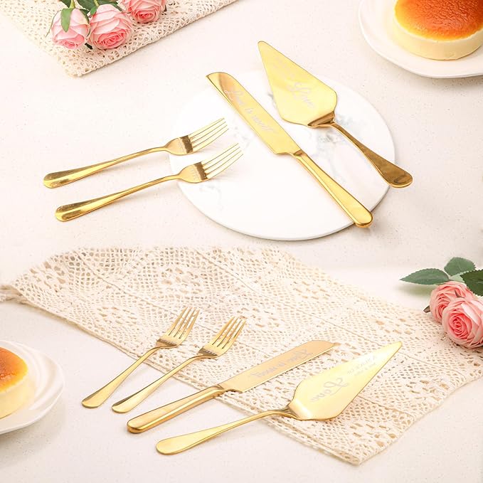 Wedding Cake Knife and Server Set with Forks for Bride and Groom, 4 Pieces Mr and Mrs Wedding Cake Cutting Set For Bridal Shower Gifts Couple Engagement Birthday Anniversary, Gold