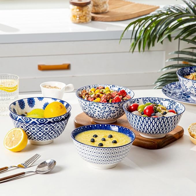 Cerkik Ceramic Soup Bowls Set - 24 Oz Deep Cereal Bowl for Kitchen - 6 Inch Large Porcelain Dinner Bowl Eating Salad Pasta Dessert Oatmeal - Microwave Dishwasher Safe - Set of 6 - Vintage Blue