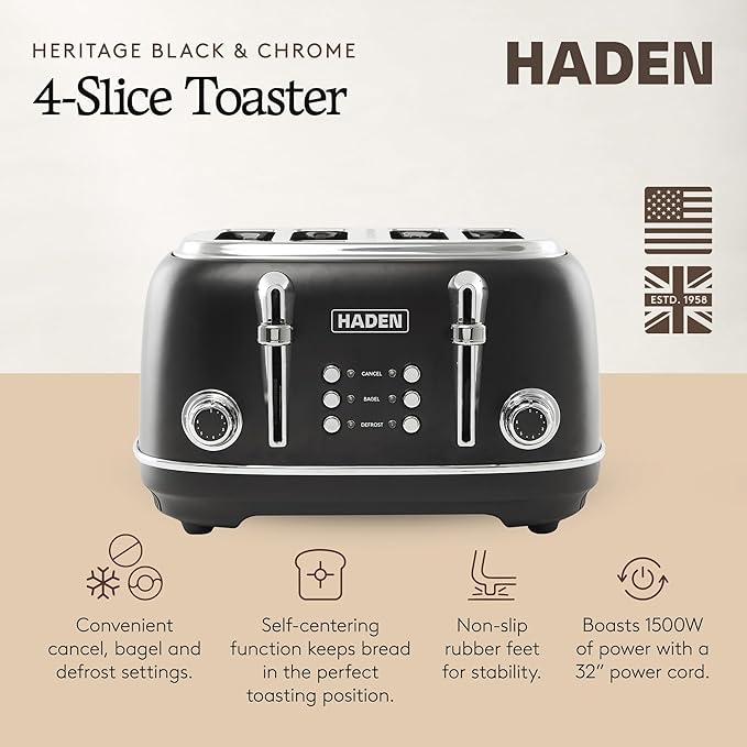 Haden Heritage 4 Slice Wide Slot Stainless Steel Toaster with Adjustable Browning Control & Non-Slip Feet, Black & Chrome