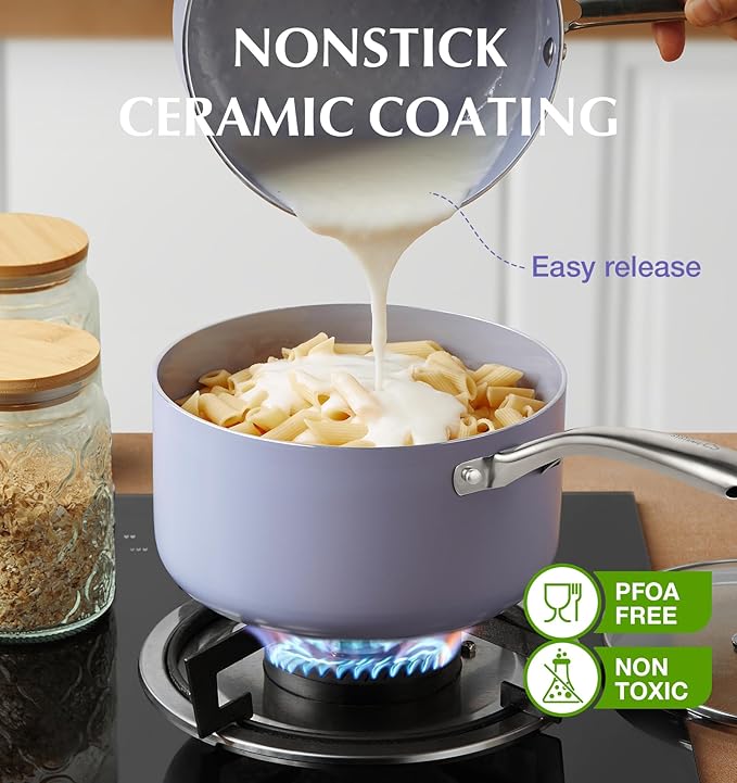 KOCH SYSTEME CS Nonstick Sauce Pan with Lid 1QT & 2QT & 3QT, 6pcs Nonstick Saucepan Set with Cool-Touch Handles, Sauce Pot Set with Ceramic Coating, Induction Compatible Sauce Pan, Oven Safe, Purple