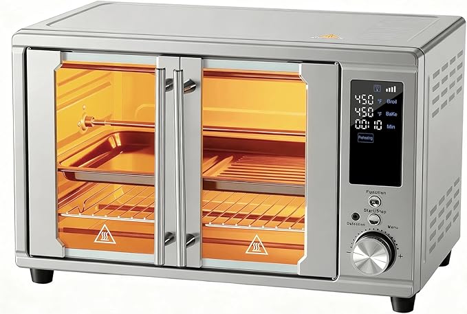 OLIXIS Air Fryer Toaster Oven Combo Dual Door, 29.6QT Oven Countertop 12 Functions in 1, 7 Accessories Included, Stainless, Up to 450°F