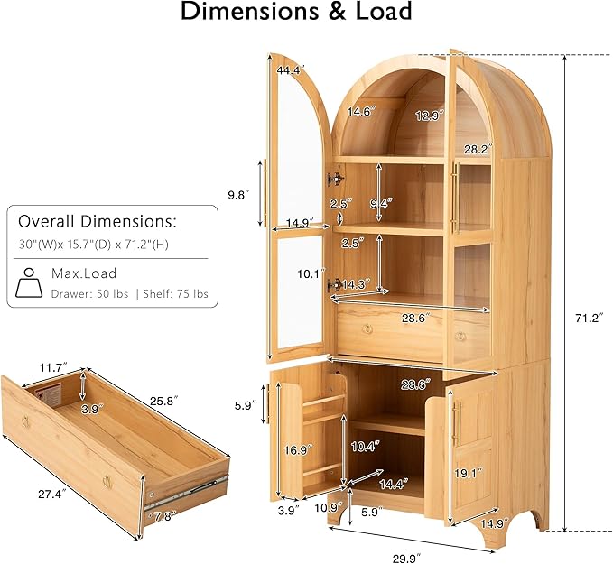 GDFStudio Mariah 71" Tall Arched Kitchen Pantry Cabinet with Hidden Drawer, Glass Door & Adjustable Shelves, Farmhouse Storage Cabinet Cupboard for Kitchen Dining Room, Home Pantry Storage, Natural