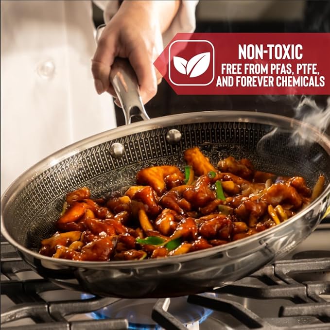 Hell's Kitchen Hybrid 12??Wok Pan, Tri-Clad Stainless Steel and Nonstick Ceramic, PFAS Free, no PFOA, no PTFE, no Teflon, Non Toxic Cookware, Metal Utensil Safe, All Cooktops and Oven Safe