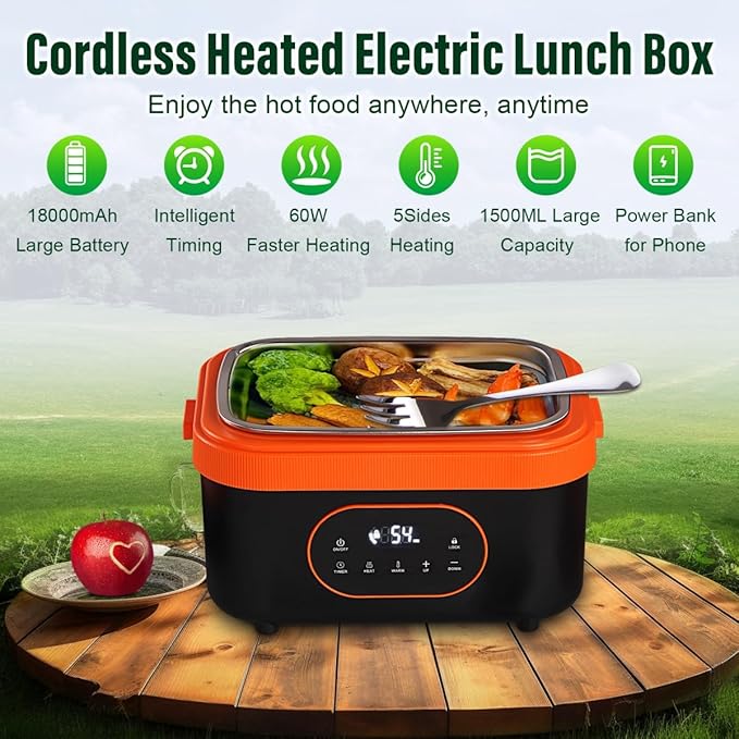 Tadcmey 1.5L Cordless Electric Lunch Box, Rechargeable 18000mAh Battery Powered Portable Food Warmer, Auto Temperature Control,Self Heating Portable Lunch Box