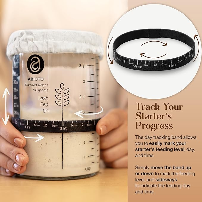 Sourdough Starter Jar Kit, Includes 34 oz Sourdough Starter Jar with Metallic Lid, Silicone Spatula, Feeding Tracker, Extra Thermometer Strips & Breathable Covers ??Sourdough Bread Starter Kit