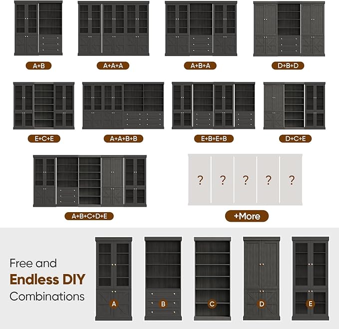 70.8" Tall Bookshelf with Doors, Farmhouse Modular Bookcase with 4-Tier Adjustable Shelves, Large Storage Cabinet for Home Office, Living Room, Black, Set of 2
