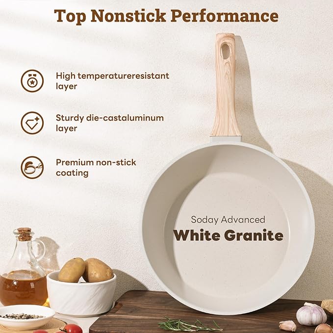 17 Pcs Pots and Pans Set Non stick竊똂ookware Sets White Granite Induction Cookware, Non-toxic Healthy Non Stick Kitchen Cooking Set with Frying Pans Set, Saucepans (PFAS, PFOA, PFOS Free) White