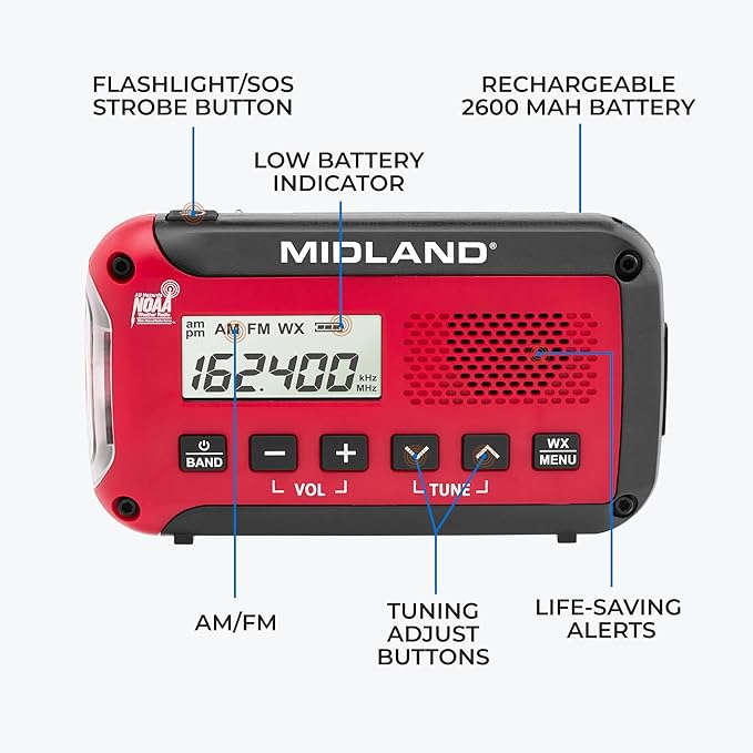 Midland짰 - ER10VP Weather Radio with Flashlight & Emergency Alert - AM/FM Radio - Compact and Easy to Carry - SOS Strobe Signal and Headphone Jack