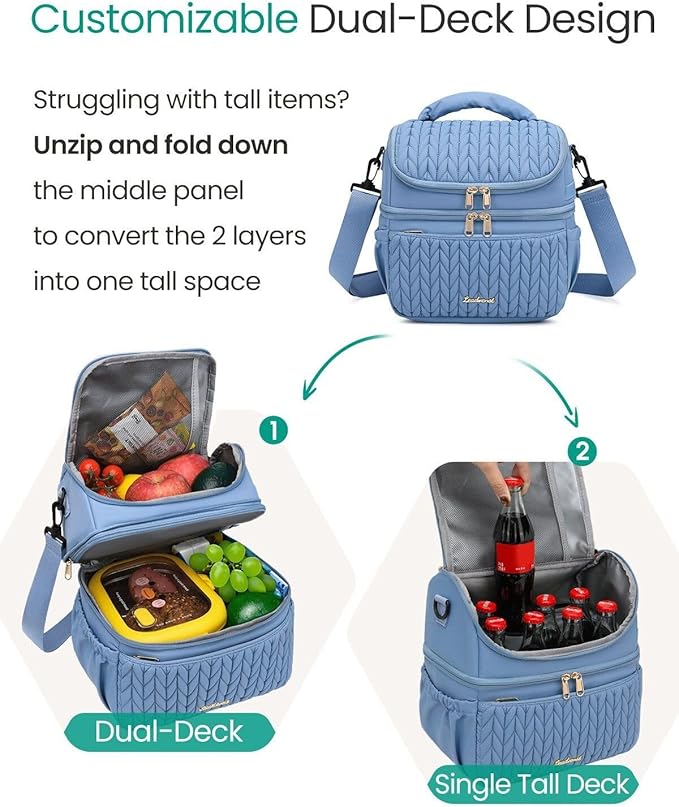 LEADVENST Lunch Bag Women, Double Deck Insulated Lunch Box - Large Capacity 12L with Detachable Divider for Tall Items, Leakproof, Durable & Reusable Cooler Bag For Work Picnic Travel, Quilted Blue