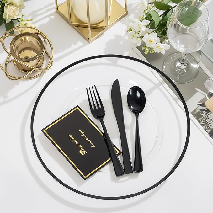 WDF 25 Pack Black Charger Plates - Clear Charges with Black Trim - 12inch Disposable Chargers Plates for New Year/Dinner Party/Wedding/Birthday