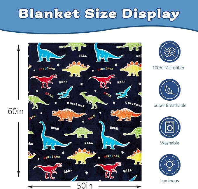 QSTEHEML Dinosaur Glow in The Dark Blanket,Dinosaur Gifts Toys for Boys Age 3 4 5 6 7 8 9 10 11 12 Year Old, Soft Throw Blanket for Kids Boys- Christmas Birthday Bedroom Decor 50"횞60"