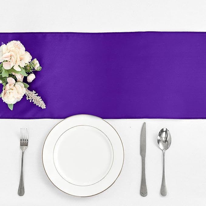 10-Pack Purple Satin Table Runner 12 x 108 Inch Long Bright and Smooth Silk Fabric Table Runner for Wedding Banquet Birthday Party Decoration