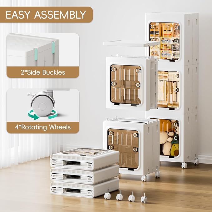 JEKO&JEKO Narrow Bathroom Storage Cabinet, 3-Tier Slim Tall Cabinet Organizer with Wheels, Foldable Plastic Storage for Small Spaces, White