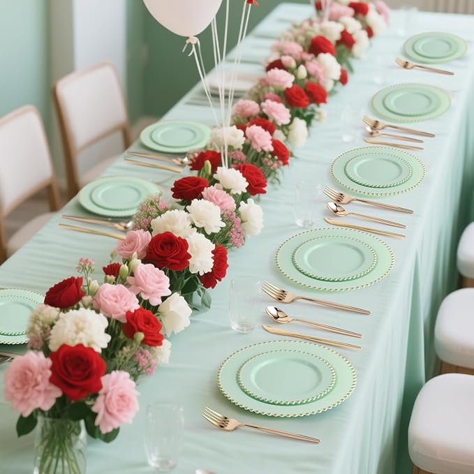 EI 60pcs Green Plastic Plates with Gold Rim,Disposable Plastic Plates Heavy Duty for Party,Sage Green and Gold Dessert/Dinner Plate for Birthday,Afternoon Tea,Wedding,Spring,Valentine's Day,Easter