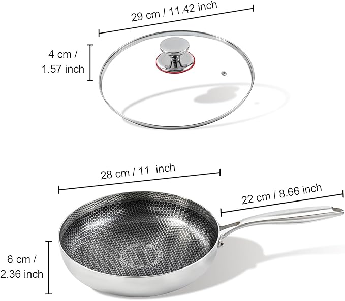 11 inch stainless steel frying pan with lid, hybrid non-stick skillet for induction, oven, broiler & dishwasher, non-toxic chef's pan, pfoa-free cookware