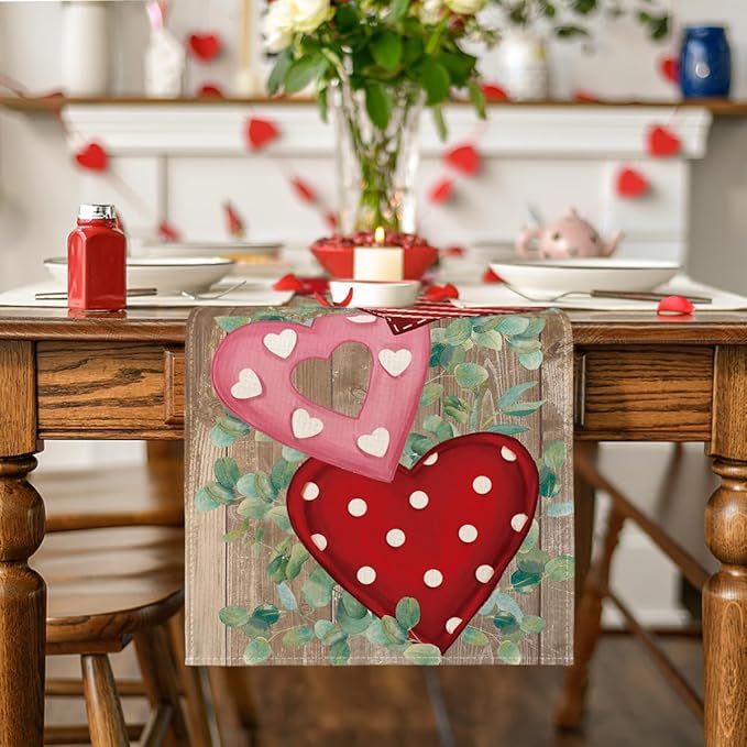 Artoid Mode Wood Love Hearts Valentine's Table Runner, Anniversary HoliKitchen Dining Table Decoration for Home Party Decor 13x72 Inch