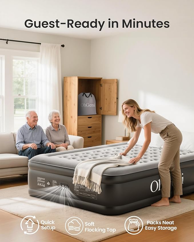 OhGeni King Air Mattress Family Choice Award with Built-in Pump,18'' Comfortable Blow Up Colchones Inflables Mattress for Home,Guests, Portable Air Bed for Adults, Airbed Supports Up to 700 lbs,Black