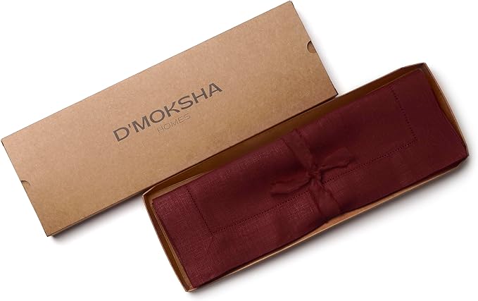 D'Moksha Homes Linen Placemats Set of 8 - Classic Hemstitch Dark Red Placemats 14 x 19 Inch - 100% Pure Linen Table Mats for Valentines, Spring - Handcrafted and Machine Washable