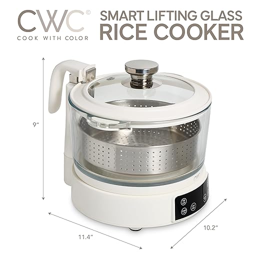 COOK WITH COLOR 3L Glass Mini Low Carb Rice Cooker ??Holds 2 Cups Raw/Makes 6 Cups Cooked with Auto Lift Filter Basket, Hotpot & Steamer for Rice, Grains, Digital Panel with Keep Warm, Cream