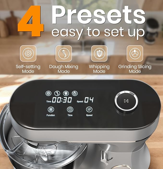 Stand Mixer 6QT Kitchen Mixer with LED Smart Touchscreen, 11-Speed Tilt-Head Mixer with Timer, 4 Preset Menus, Stainless Steel Bowl, Dough Hook, Whisk, Beater,Sliver
