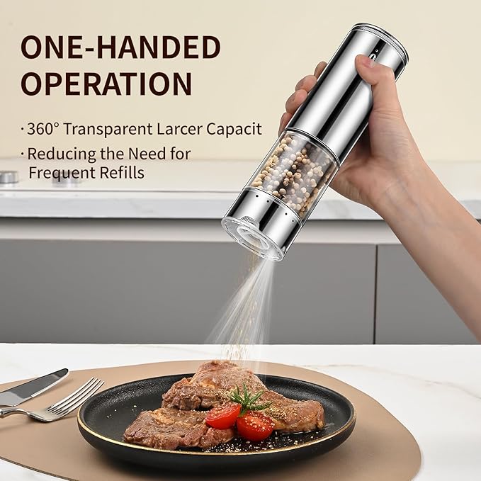 Electric Salt and Pepper Grinder Set Automatic Refillable Salt and Pepper Grinders with LED Light Pepper Grinder Kitchen Gadgets Adjustable Coarseness,One Handed Operation, Large Capacity