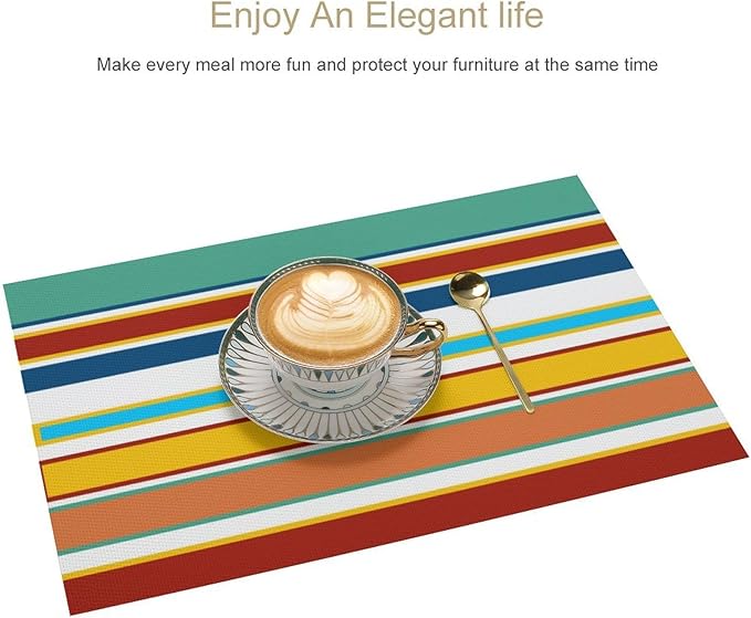 Modern Red Yellow Blue Teal Stripes Placemat, Set of 4 Heat Resistant PVC Place Mats for Kitchen Table