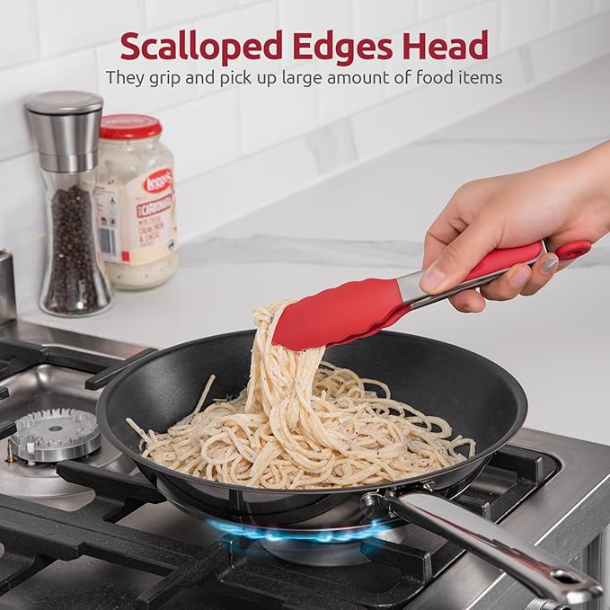 600쨘F Heat Resistant Kitchen Tong: U-Taste 7 inch Silicone Cooking Tong with Firm Sealed Non Stick Rubber Tips & Silicon Coated 18/8 Stainless Steel Handle & Smooth Locking for Serving Salad (Red)
