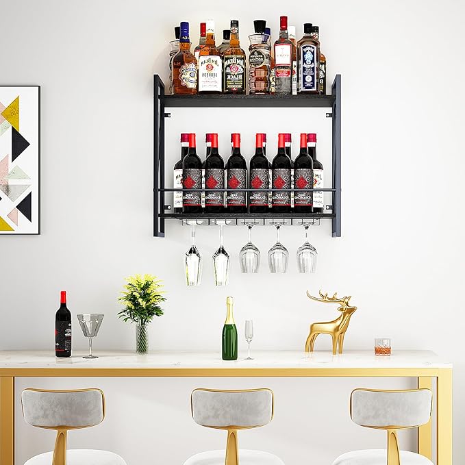Dokser Wine Rack Wall Mounted 2 Tier Shelf, Wall Wine Rack with Rustic Wood & Industrial Iron Frame, Wine Bottle Holder for Kitchen, Dining Room, Home Bar Decor (Black)