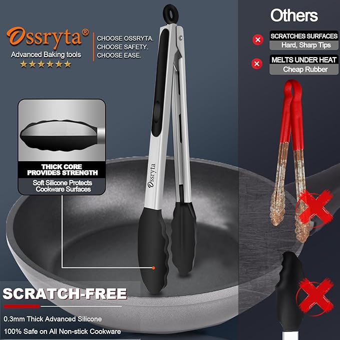 Kitchen Tongs with Silicone Tips - Heat Resistant 600째F Stainless Steel Cooking Tong Set, Non-Stick 7" 9" 12" Locking Silicone Tongs for Cooking, Grilling, Serving & Baking (3-Piece, Black)