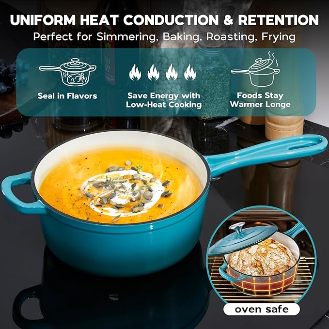 Onader 3QT Enameled Cast Iron Saucepan with Lid, Small Sauce Pan, Enamel Cast Iron Dutch Oven Cooking Pot, Nonstick & Heavy Duty ??Dark Cyan