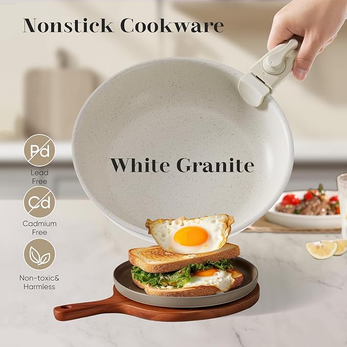 Sweetcrispy 12 pcs Pots and Pans Set, Nonstick Kitchen Induction Cookware Suit with Detachable Handle, Dishwasher Oven Safe, Milky White