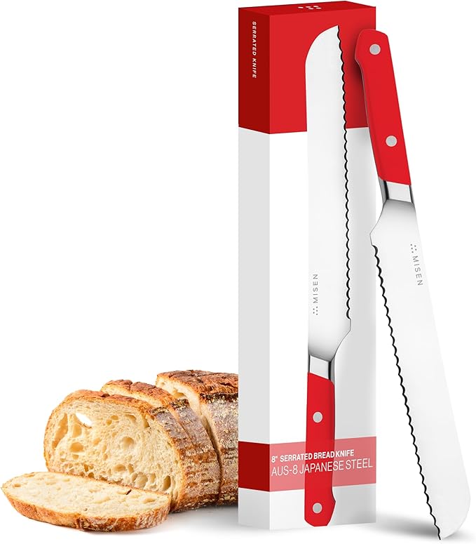 Misen Serrated Bread Knife - High-Carbon Japanese AUS8 Steel - Perfect for Soft Foods, Bread, Pastries, and Fruits - Verstatile Slicer, Razor-Sharp Edge, Durable Blade, Ergonomic Handle - 8", Red